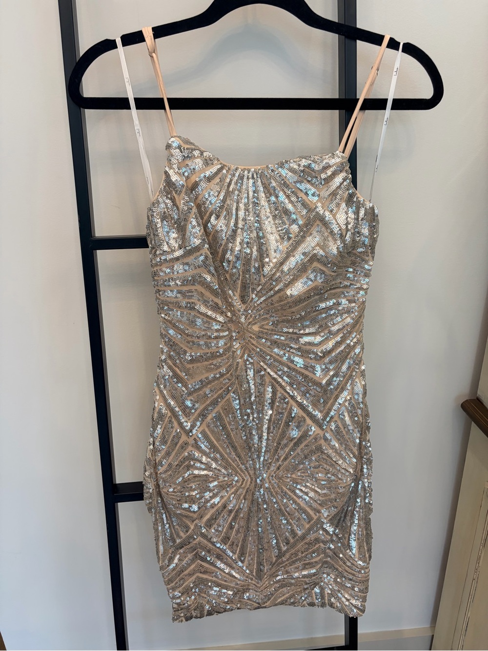 Lulu's Champagne Sequin Mini Dress with Spaghetti Straps
